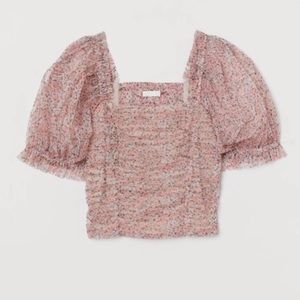 H&M Floral Puff-Sleeve Ruched Mesh Crop